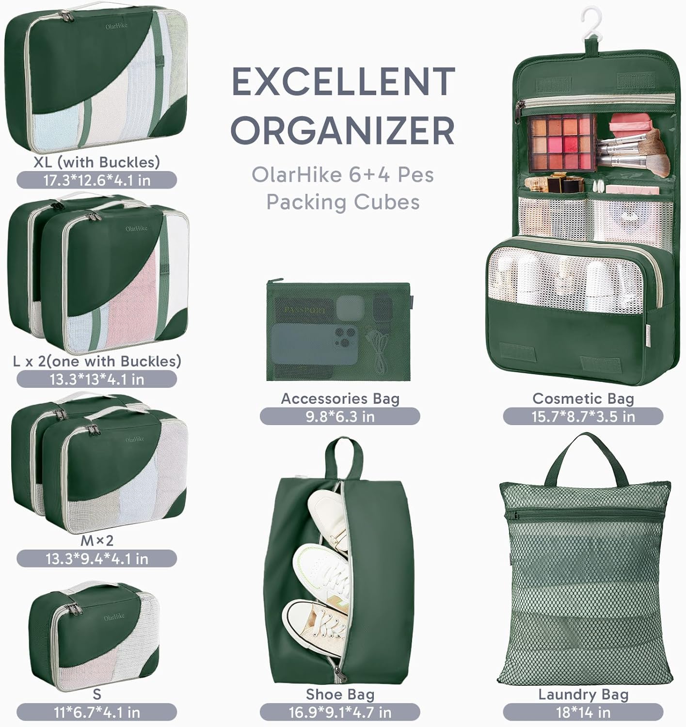 10 Set/8 Set Packing Cubes for Travel, Gifts for Women Mom,Anti-Tearing Suitcase Organizer for Luggage with Shoe & Hanging Toiletry Bag,OlarHike Vacation Essentials & Accessories for Cruise Ship,Cream