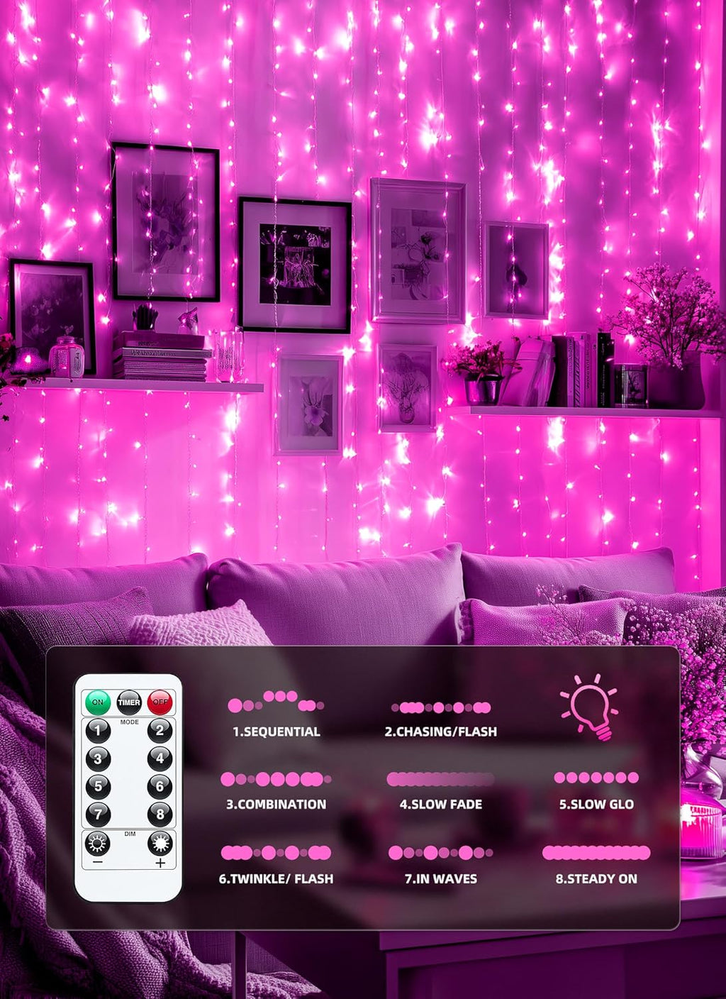 Brightown 300 LED Fairy Curtain Lights, 9.8ft x 9.8ft Warm White Curtain String Lights, USB Plug in 8 Lighting Modes Christmas Decoration, Hanging Lights with Remote for Bedroom Indoor Weddings Dorm