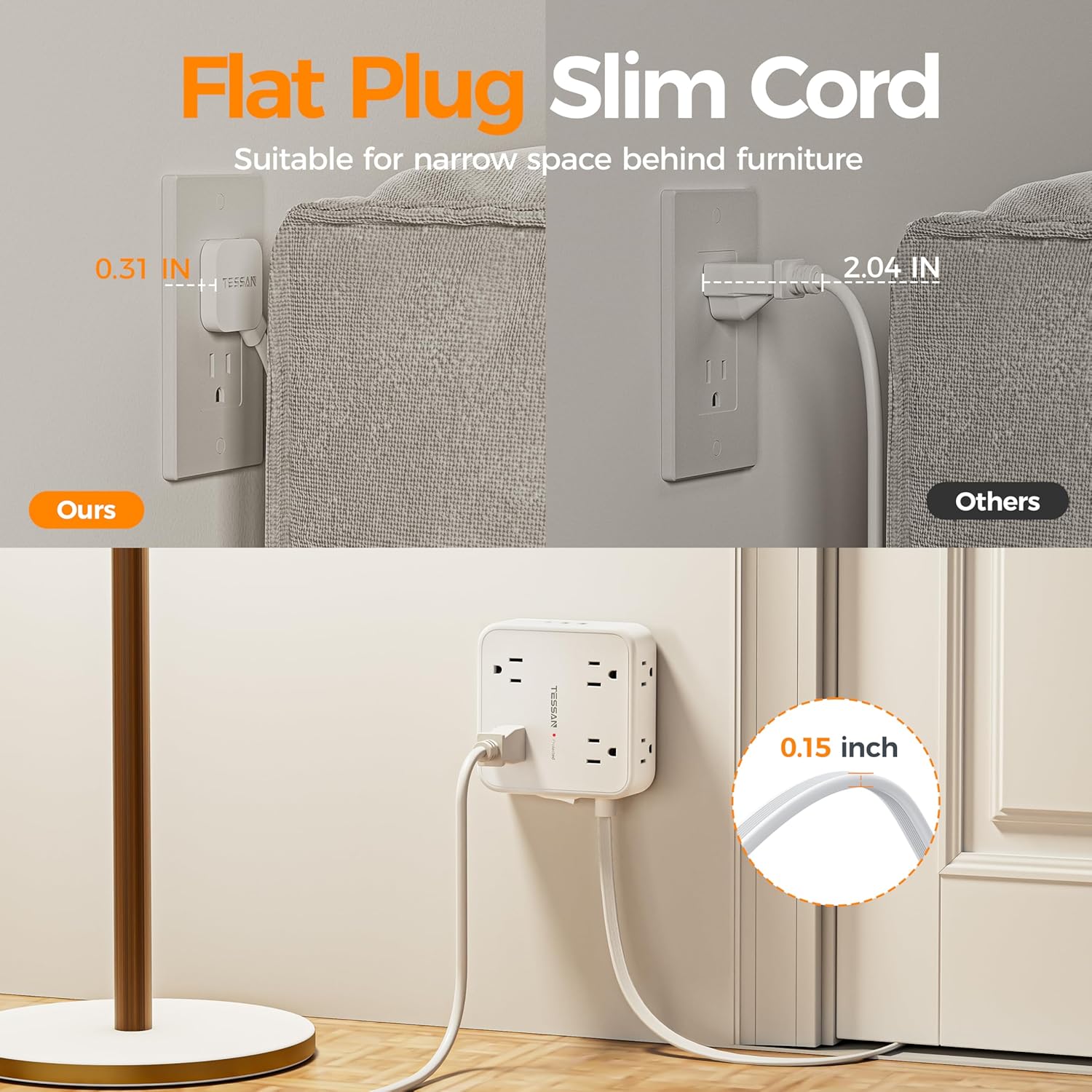 TESSAN Surge Protector Power Strip, 5 Ft Flat Plug Extension Cord with 3 USB (1 USB C) 8 Outlets, 900J Surge Protection, 3 Sided Outlet Extender with Power Switch for Office, Dorm Room Essentials