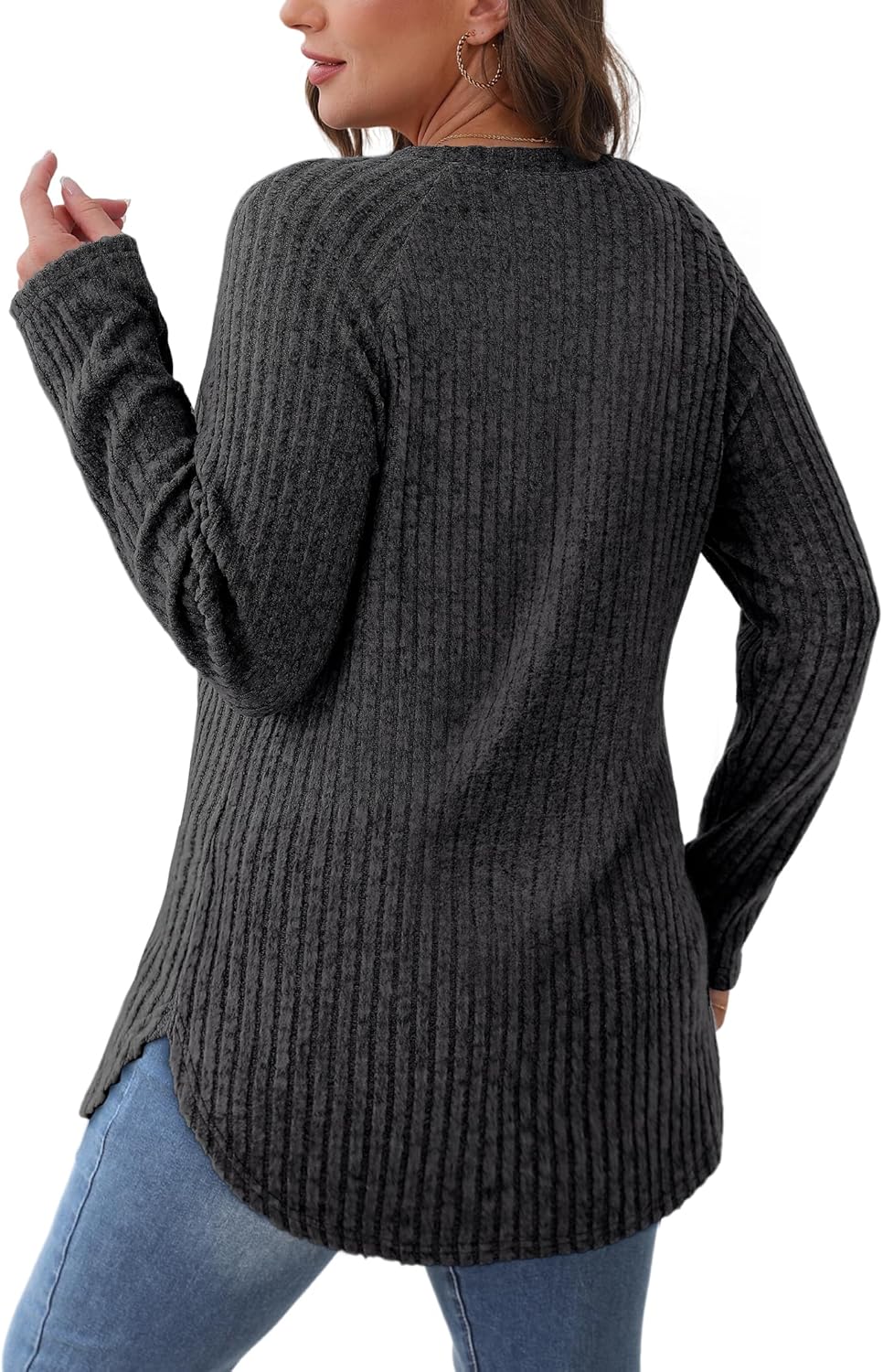 Saloogoe Long Sleeve Shirts for Women 2025 Fall Clothes Tunic Tops Loose Fit Dressy Crewneck Pullover Sweaters Curved Hem