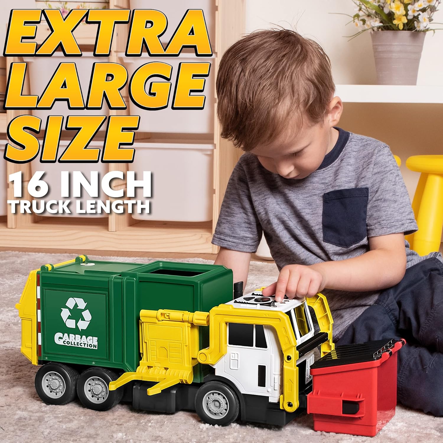 JOYIN Large Friction Powered Garbage Truck Toy Set, Includes Dumpster, Trash Bins, and Learning Cards for Kids, Boy Toys Birthday Gift for Boys Girls Kids Toddler Gift for Christmas