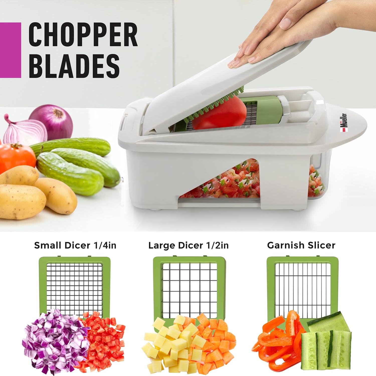 Mueller Pro-Series All-in-One, 12 Blade Mandoline Slicer for Kitchen, Food Chopper, Vegetable Slicer and Spiralizer, Cutter, Dicer, Grater, Kitchen Gadgets Sets with Container, White Sand/Gray