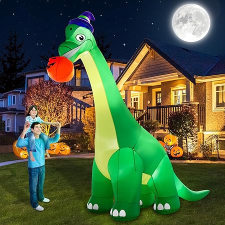 13Ft Giant Halloween Dinosaur Inflatable Decorations, Bite Large Pumpkin with Witch Hat Build-in LED Light Strong Blower Huge Blow Up Yard Clearance Decor for Outdoor Indoor Holiday Party Yard