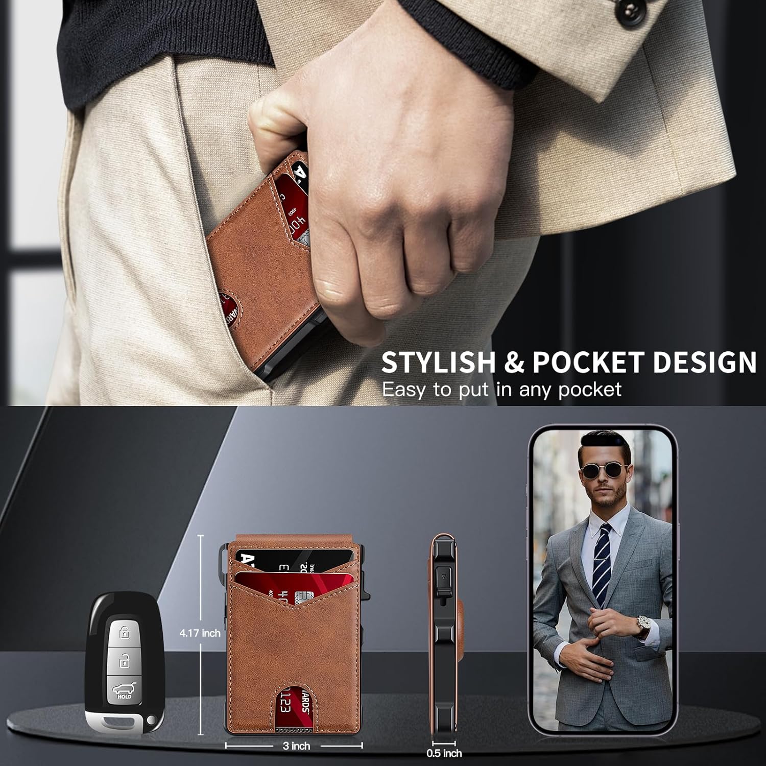 Airtag Wallet for Men, Mens Smart Wallet for Air Tag RFID Blocking, Minimalist Bifold Pop Up Aluminum Credit Card Case Holder 12+ Cards with ID Window, Gift for Men, No Airtag Included, Carbon Fiber