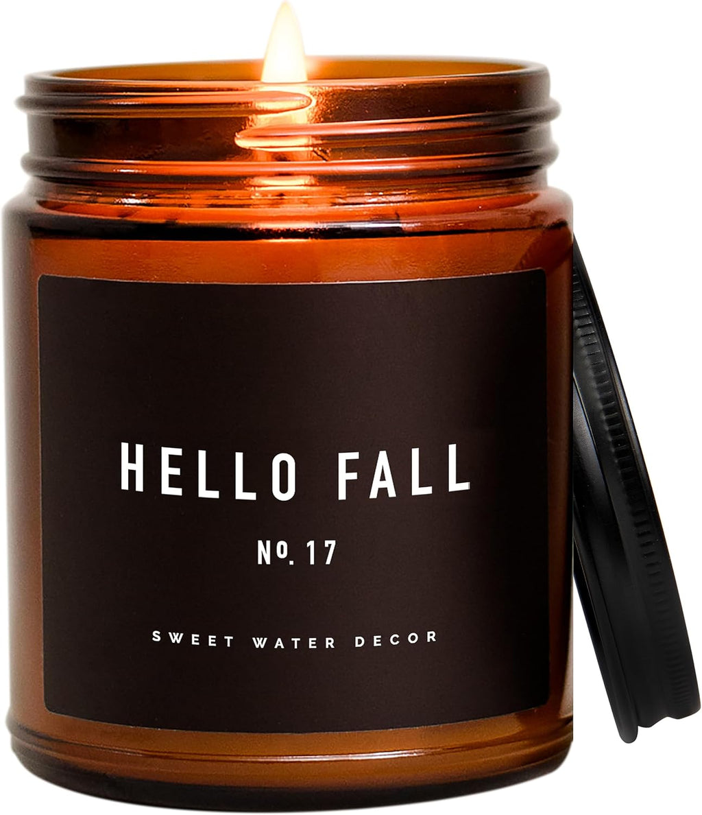 Sweet Water Decor Hello Fall Soy Candles - Fall Candle with Hot Cider, Cinnamon, Cloves, and Nutmeg Scent for Home - Soy Candle with 40 Hours Burn Time - 9Oz Black Lid Amber Jar Candles Fall Scents