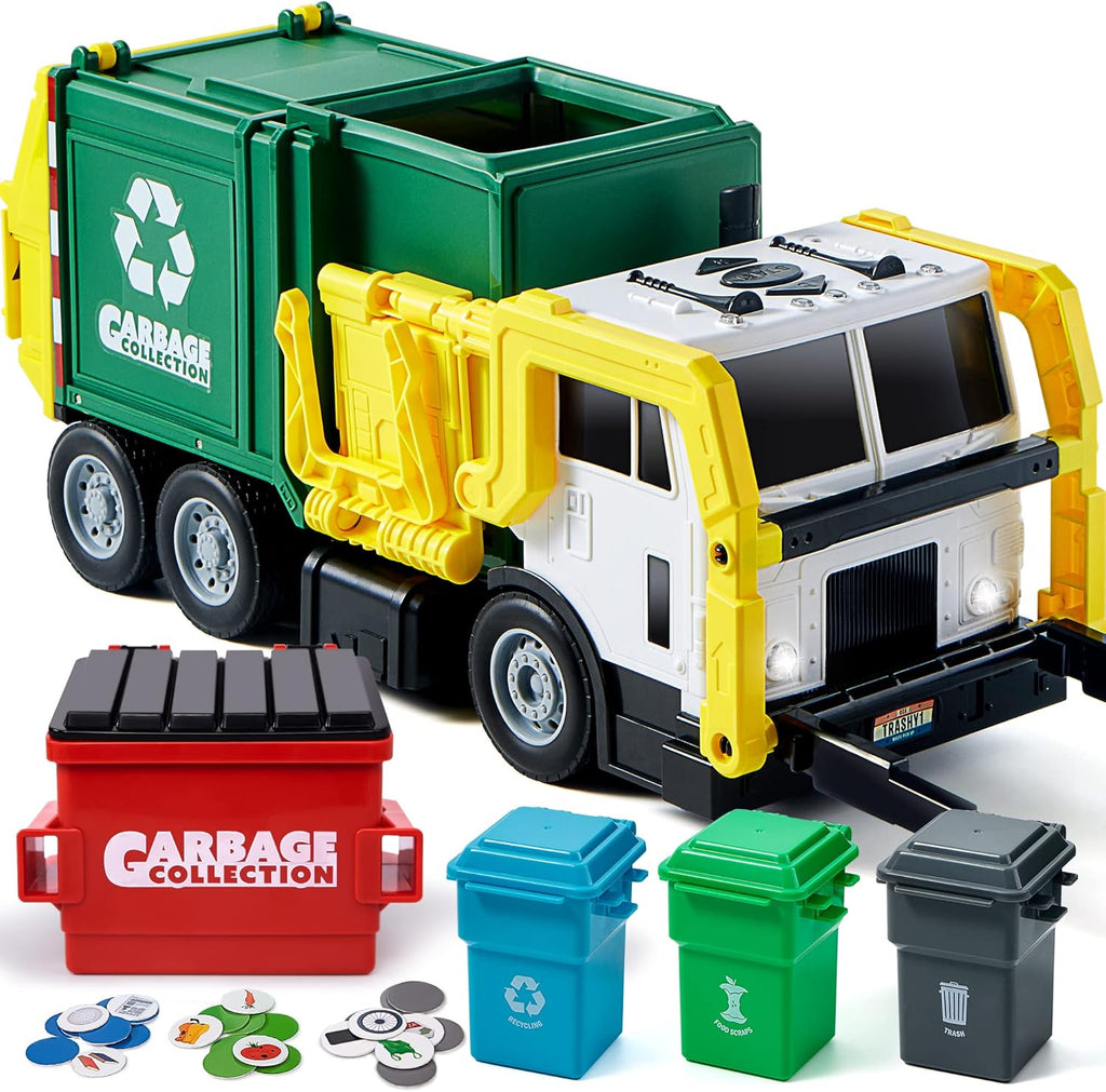 JOYIN Large Friction Powered Garbage Truck Toy Set, Includes Dumpster, Trash Bins, and Learning Cards for Kids, Boy Toys Birthday Gift for Boys Girls Kids Toddler Gift for Christmas