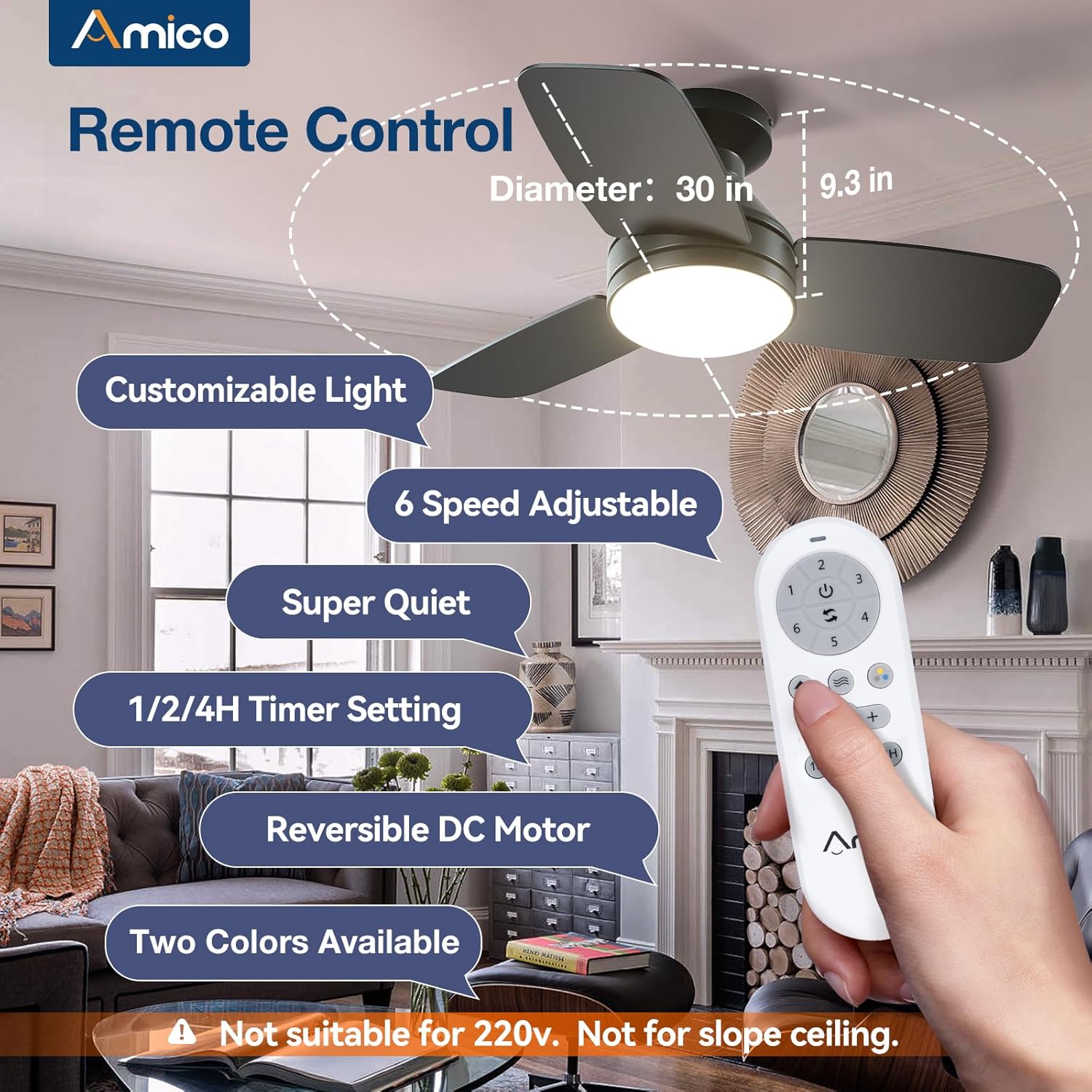 Amico Ceiling Fans with Lights, 42 inch Low Profile Ceiling Fan with Light and Remote Control, Flush Mount, Reversible, 3CCT, Dimmable, Noiseless, Black Ceiling Fan for Bedroom, Indoor/Outdoor Use