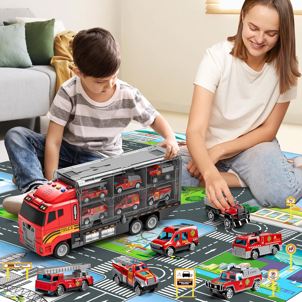 Toddler Boys Construction Truck Vehicle Toy Set with Play Mat and Die-Cast Toy Car, Transport Carrier Truck for Kids 3-5, Birthday Gifts Toys for 3-8 Year Old Boys