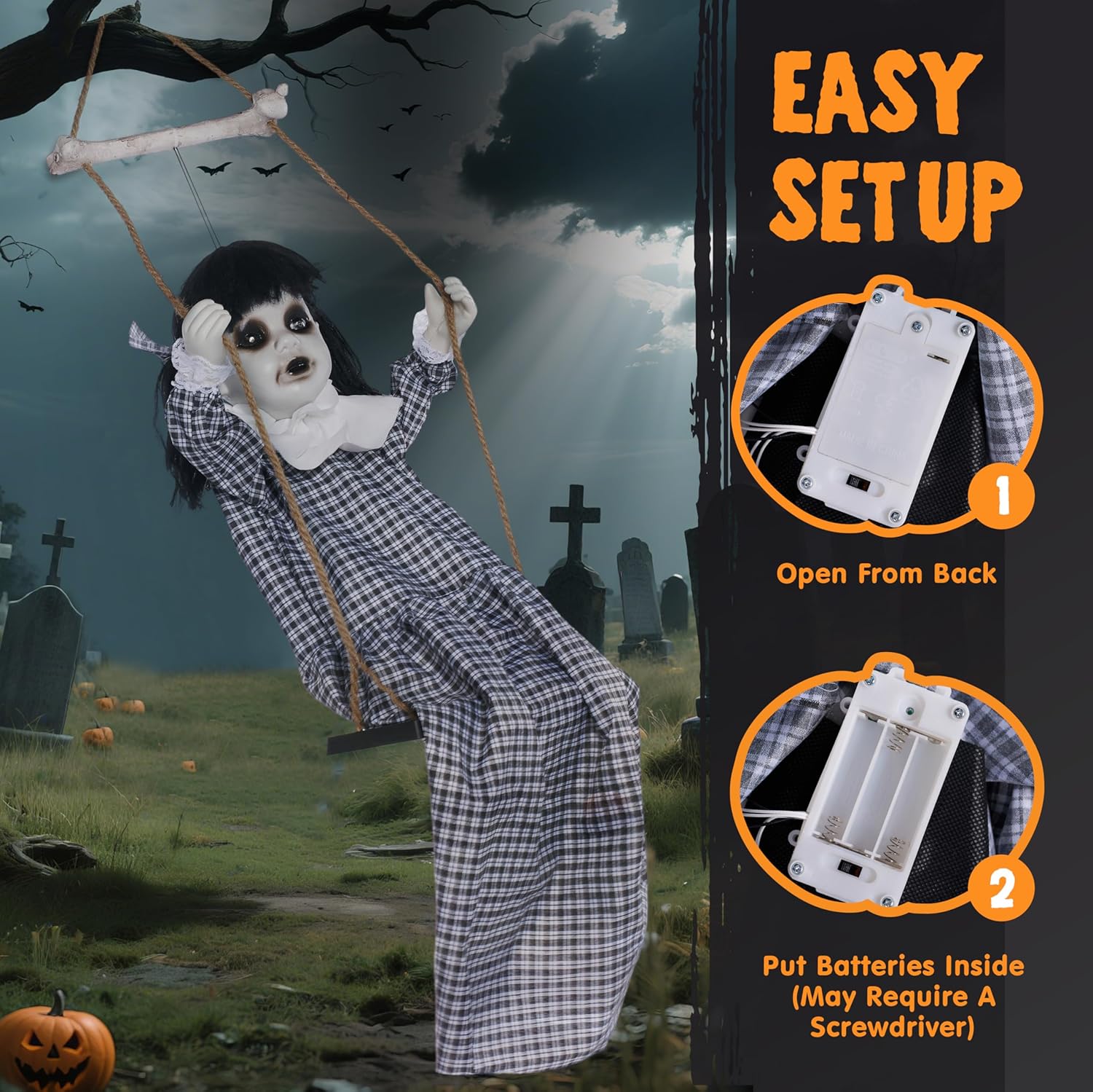 JOYIN Scary Halloween Decorations Outdoor, Halloween Hanging Scary Swing Girl Decorations Winging White Doll with Creepy Sound and Light Up Eyes Sound, Animatronics Hanging Decors Activated