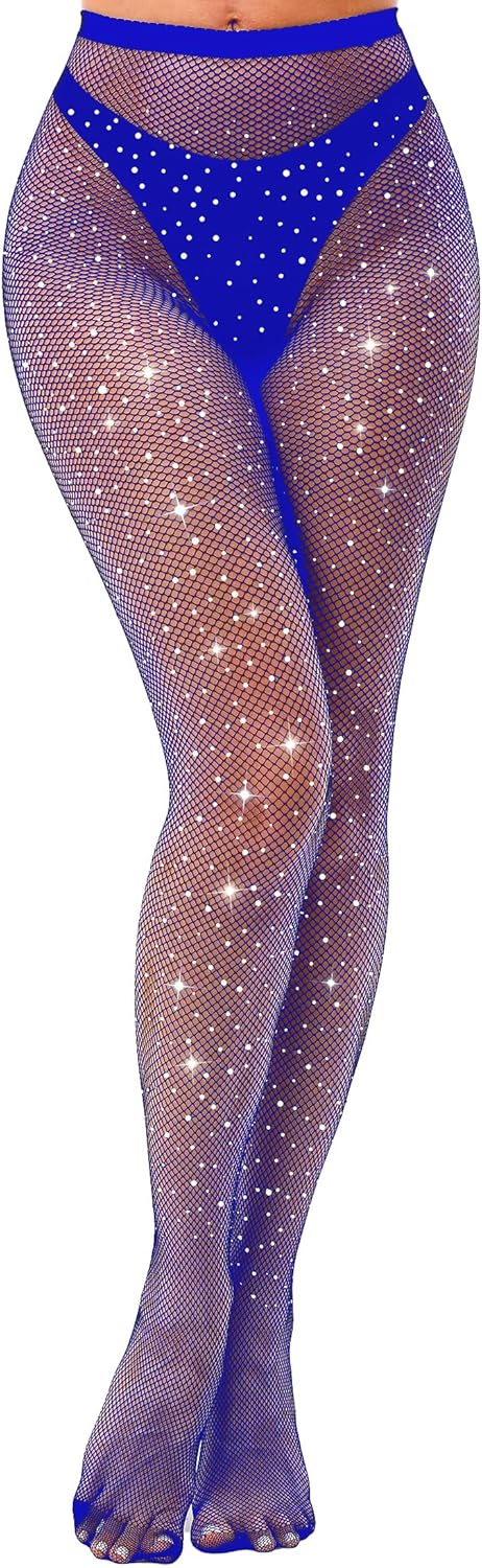 VEBZIN Sexy Sparkly Fishnets Stockings Jeweled High Waist Fishnet Tights for Women Rhinestone Party Pantyhose