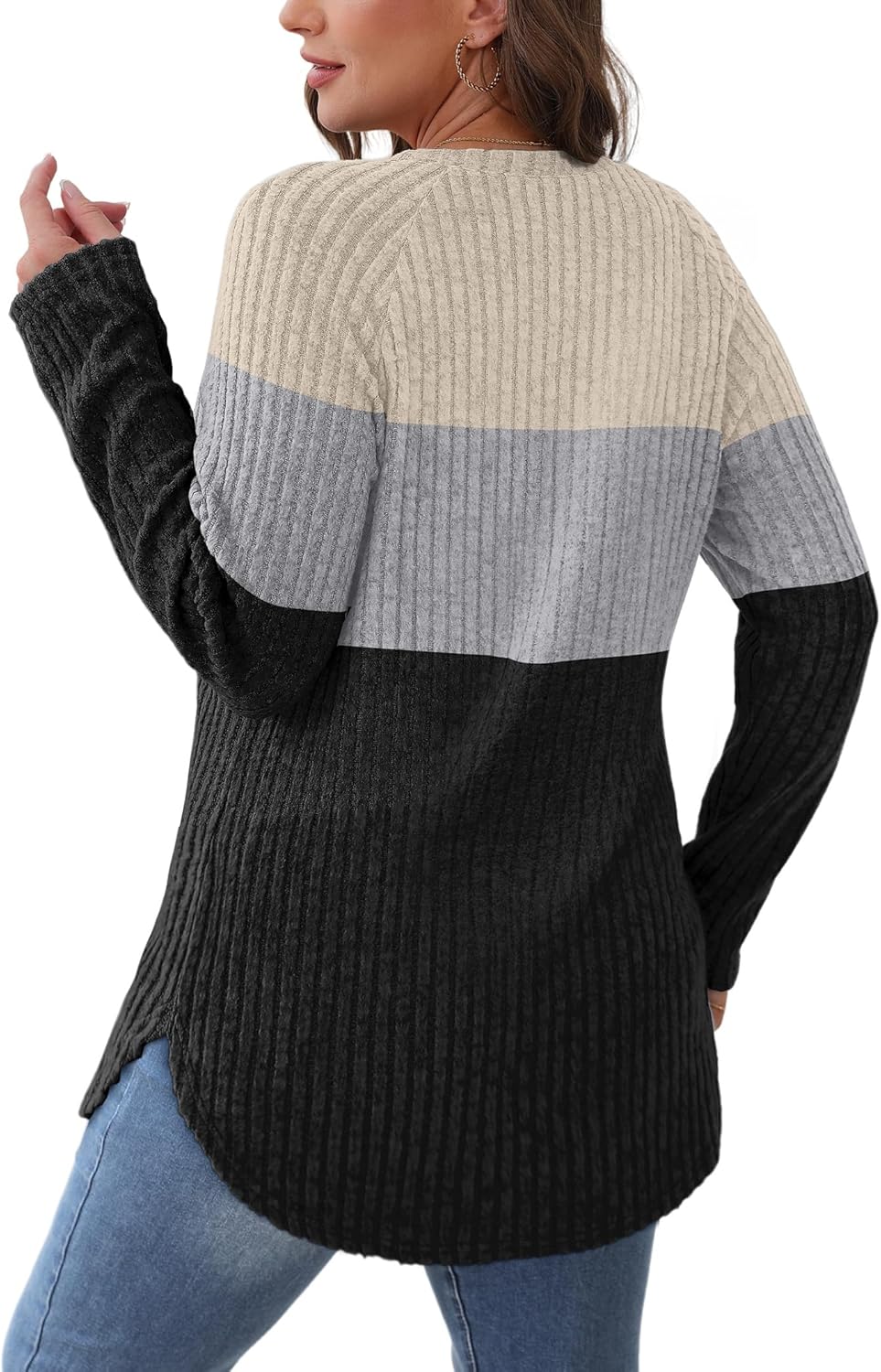 Saloogoe Long Sleeve Shirts for Women 2025 Fall Clothes Tunic Tops Loose Fit Dressy Crewneck Pullover Sweaters Curved Hem