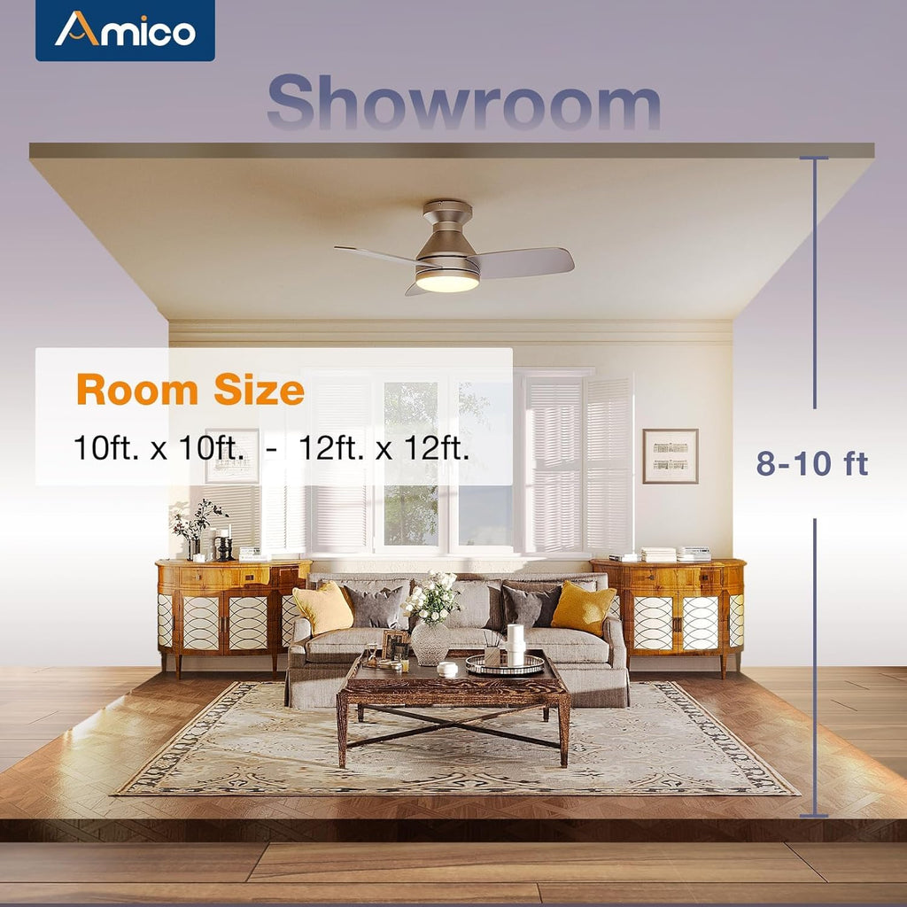 Amico Ceiling Fans with Lights, 42 inch Low Profile Ceiling Fan with Light and Remote Control, Flush Mount, Reversible, 3CCT, Dimmable, Noiseless, Black Ceiling Fan for Bedroom, Indoor/Outdoor Use