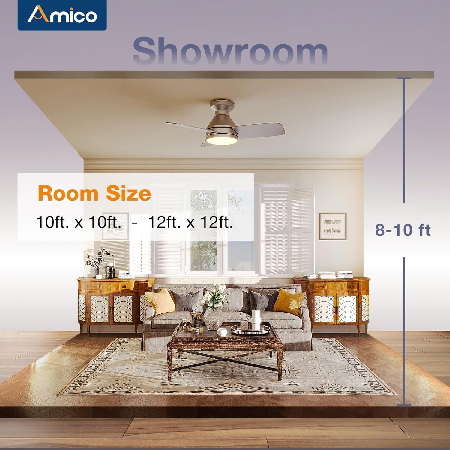 Amico Ceiling Fans with Lights, 42 inch Low Profile Ceiling Fan with Light and Remote Control, Flush Mount, Reversible, 3CCT, Dimmable, Noiseless, Black Ceiling Fan for Bedroom, Indoor/Outdoor Use