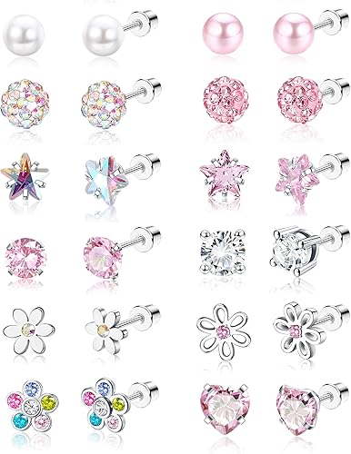 SAILIMUE 12 Pairs Hypoallergenic Screw Back Earrings for Women Girls Surgical Steel Cute Heart CZ Flower Pearl Ball Tiny Screwback Stud Earring