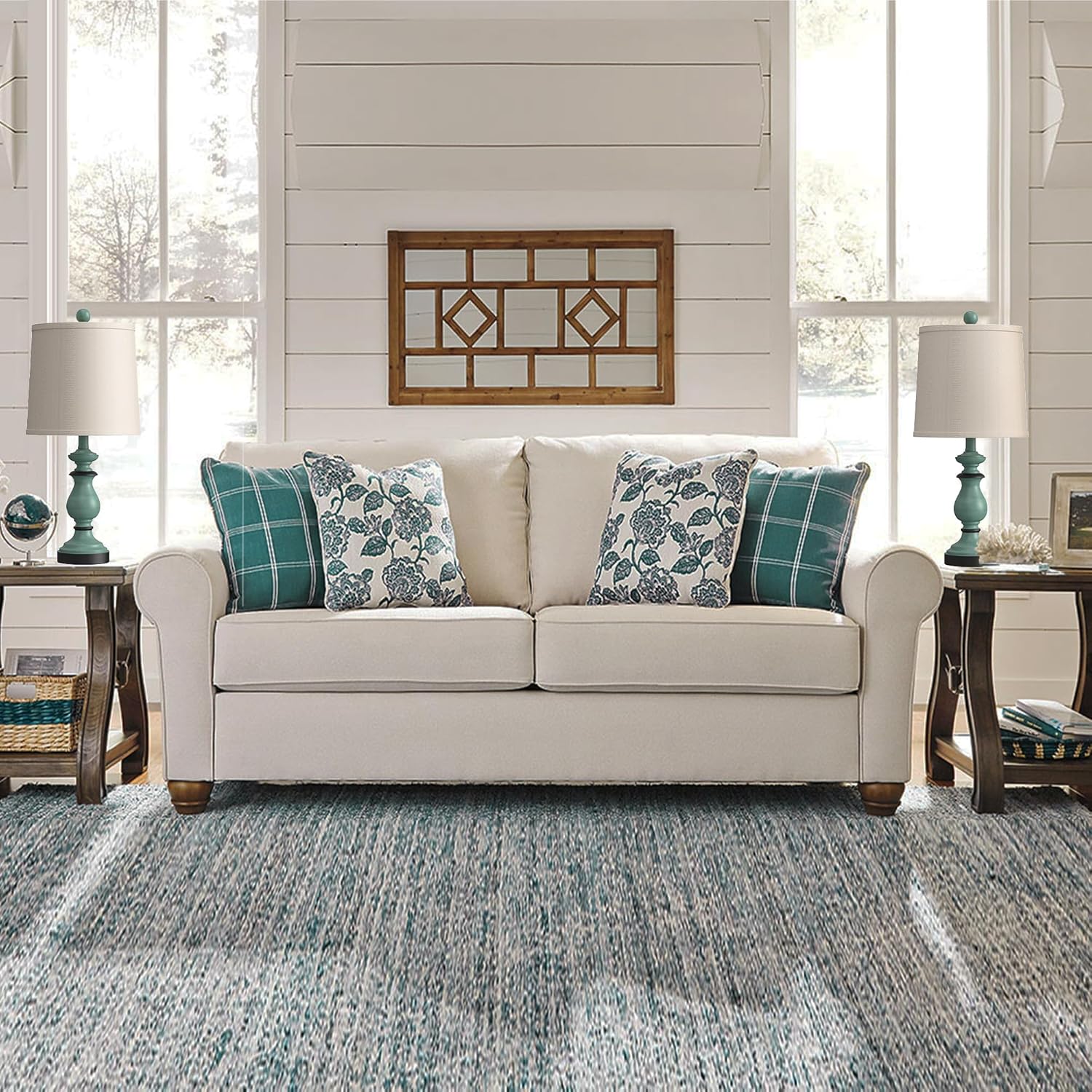 PARTPHONER Traditional Table Lamp Set of 2, Rustic Farmhouse Table Lamps for Living Room Bedroom, 22" Bedside Desk Lamps Vintage Nightstand Lamps with Linen Shades, Antique Grey