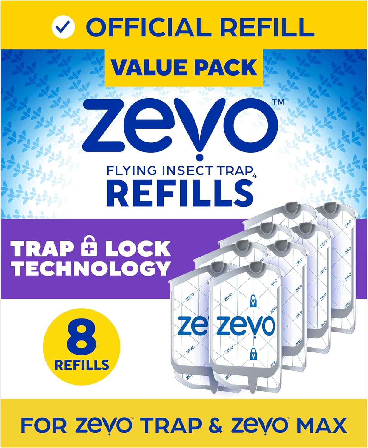 Zevo Flying Insect Trap Official Refill Cartridges - Fits Both Zevo Trap & MAX Indoor Fly Trap - Authentic Trap+Lock Technology to Catch Gnats, House & Fruit Flys (4 Official Refill Cartridges)