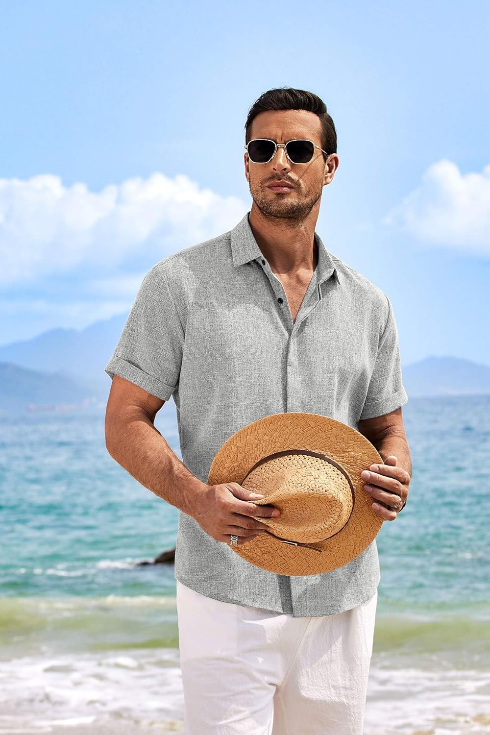 COOFANDY Men's Linen Shirts Short Sleeve Casual Shirts Button Down Shirt for Men Beach Summer Wedding Shirt