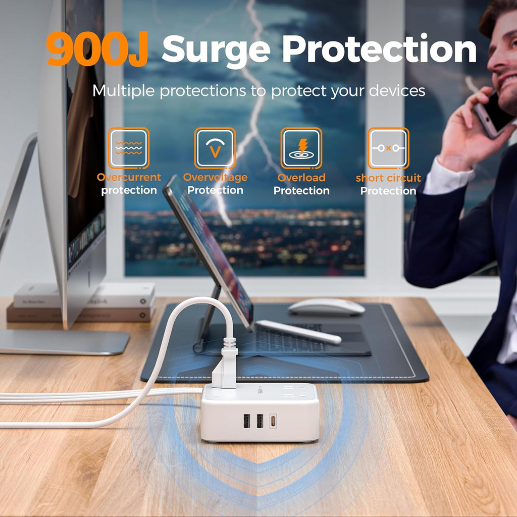 TESSAN Surge Protector Power Strip, 5 Ft Flat Plug Extension Cord with 3 USB (1 USB C) 8 Outlets, 900J Surge Protection, 3 Sided Outlet Extender with Power Switch for Office, Dorm Room Essentials
