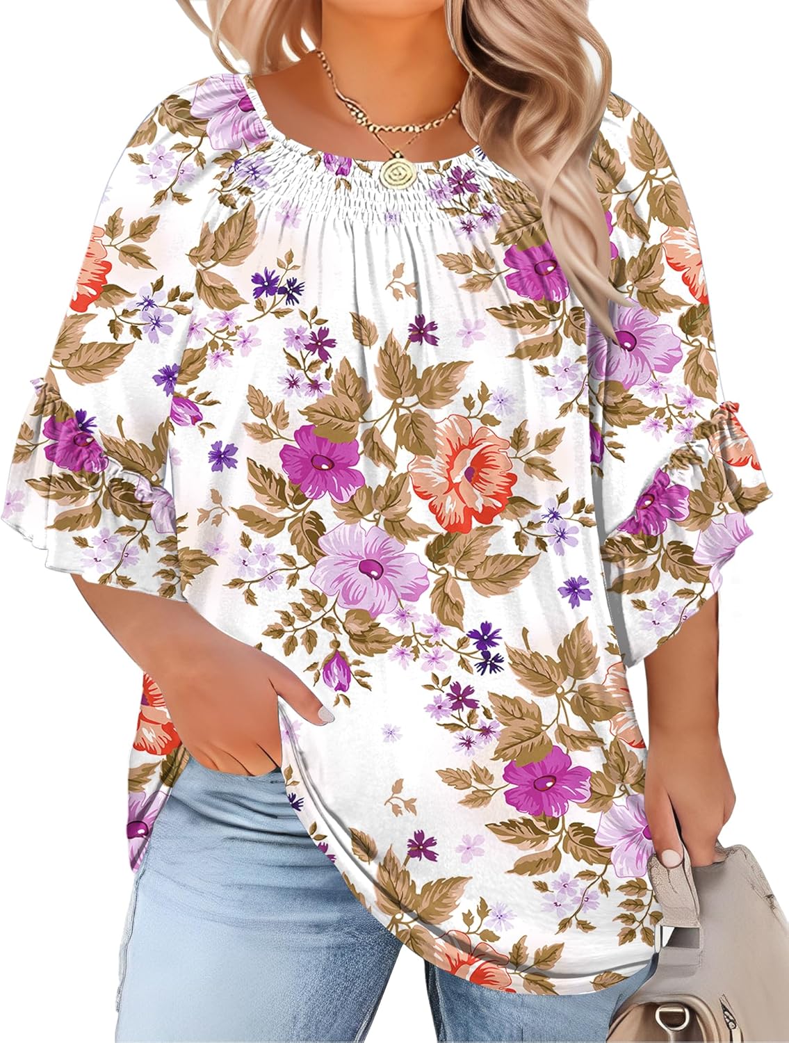 Micoson Womens Plus Size Tops 3/4 Ruffle Sleeve Shirts Crewneck Pleated Blouses Dressy Casual Fashion Tunic Top (1X-5X)