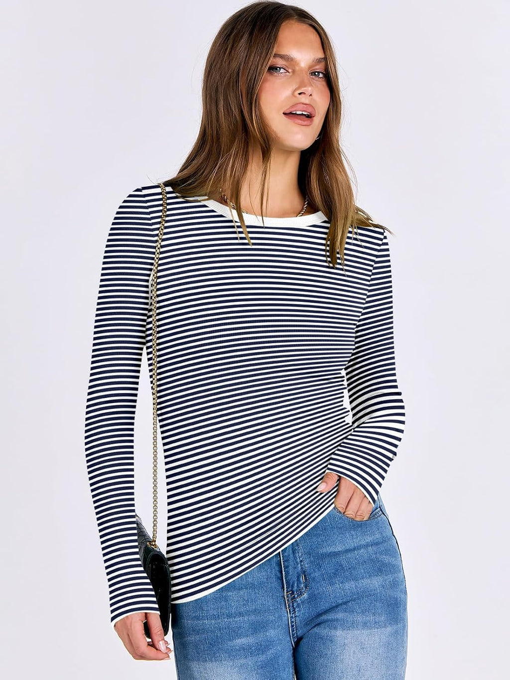 ANRABESS Women Long Sleeve Shirts Rib Knit Slim Fit Tops Basic Tee 2025 Fall Outfits Casual T-Shirt Underscrubs Layer Clothes