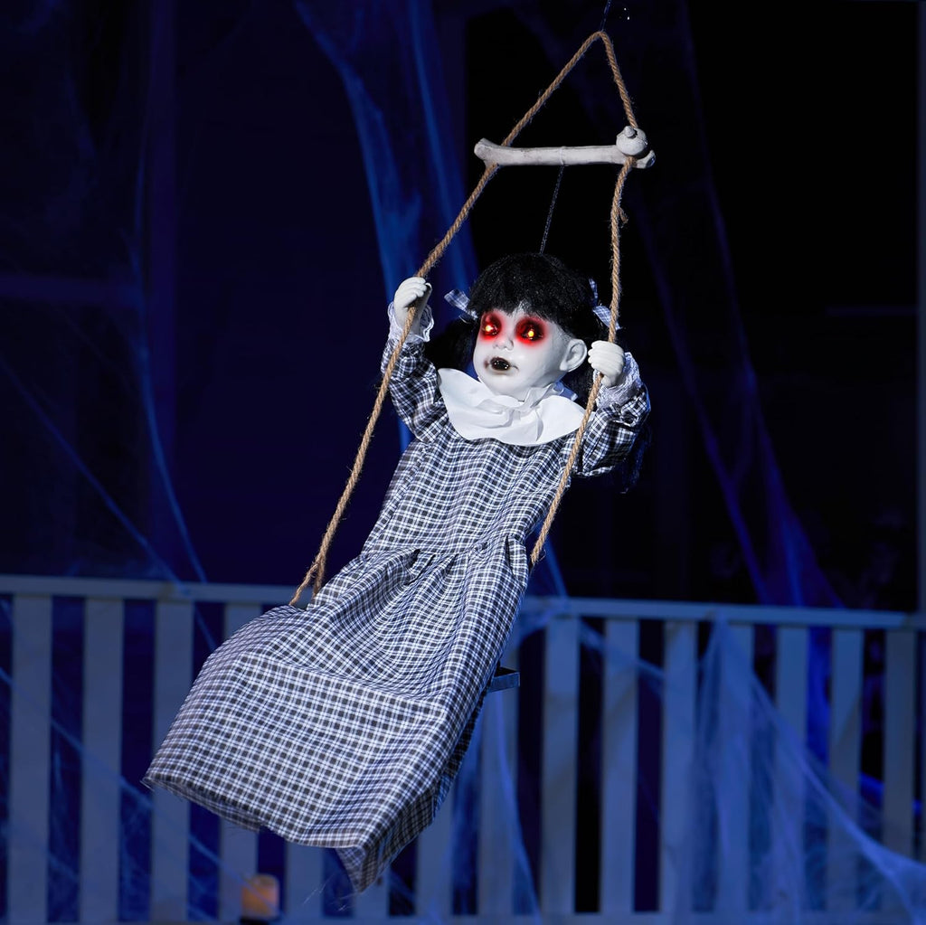 JOYIN Scary Halloween Decorations Outdoor, Halloween Hanging Scary Swing Girl Decorations Winging White Doll with Creepy Sound and Light Up Eyes Sound, Animatronics Hanging Decors Activated