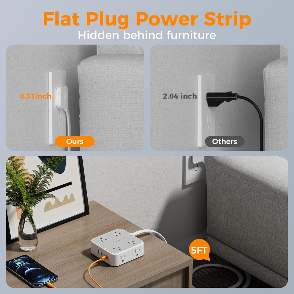TESSAN Surge Protector Power Strip, 5 Ft Flat Plug Extension Cord with 3 USB (1 USB C) 8 Outlets, 900J Surge Protection, 3 Sided Outlet Extender with Power Switch for Office, Dorm Room Essentials