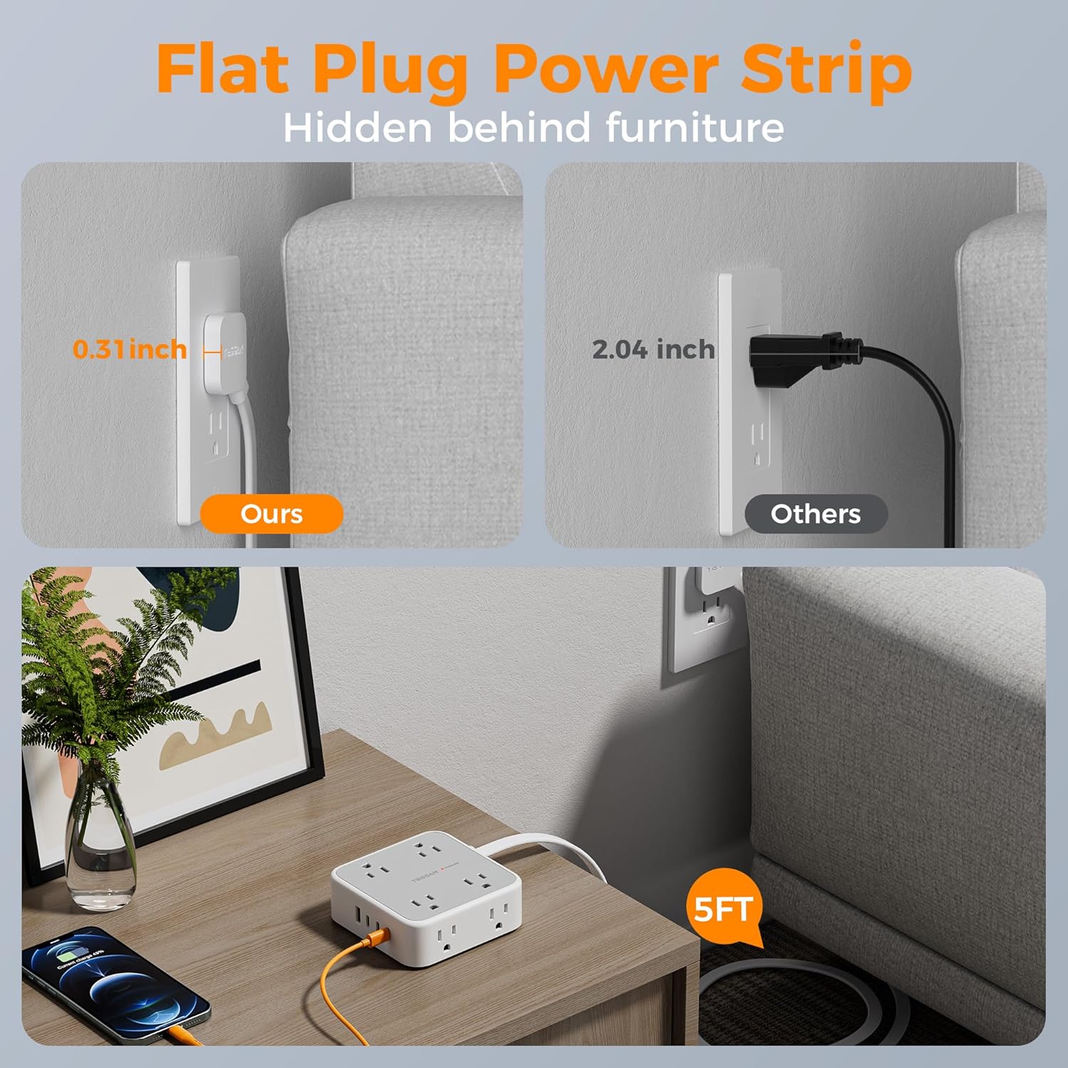 TESSAN Surge Protector Power Strip, 5 Ft Flat Plug Extension Cord with 3 USB (1 USB C) 8 Outlets, 900J Surge Protection, 3 Sided Outlet Extender with Power Switch for Office, Dorm Room Essentials