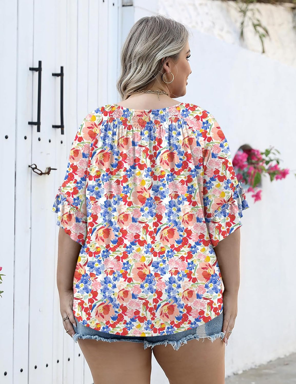 Micoson Womens Plus Size Tops 3/4 Ruffle Sleeve Shirts Crewneck Pleated Blouses Dressy Casual Fashion Tunic Top (1X-5X)