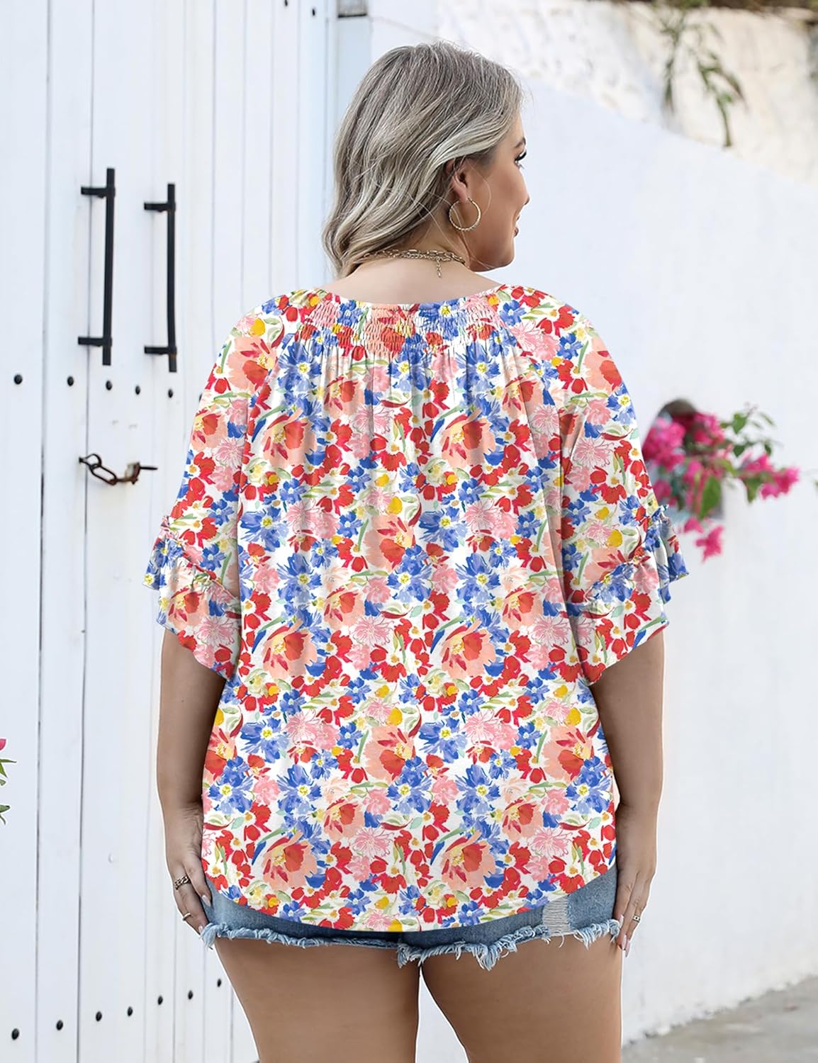 Micoson Womens Plus Size Tops 3/4 Ruffle Sleeve Shirts Crewneck Pleated Blouses Dressy Casual Fashion Tunic Top (1X-5X)