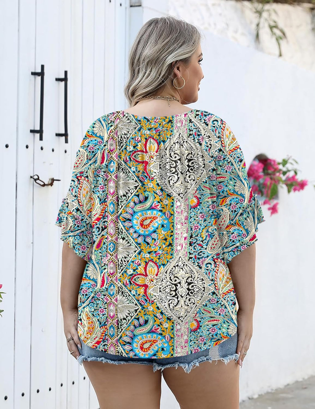 Micoson Womens Plus Size Tops 3/4 Ruffle Sleeve Shirts Crewneck Pleated Blouses Dressy Casual Fashion Tunic Top (1X-5X)