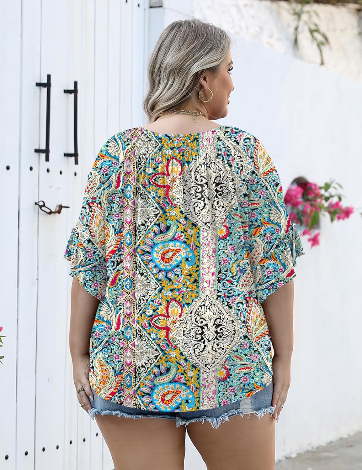 Micoson Womens Plus Size Tops 3/4 Ruffle Sleeve Shirts Crewneck Pleated Blouses Dressy Casual Fashion Tunic Top (1X-5X)