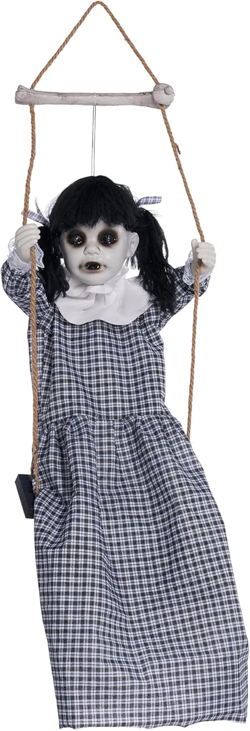JOYIN Scary Halloween Decorations Outdoor, Halloween Hanging Scary Swing Girl Decorations Winging White Doll with Creepy Sound and Light Up Eyes Sound, Animatronics Hanging Decors Activated