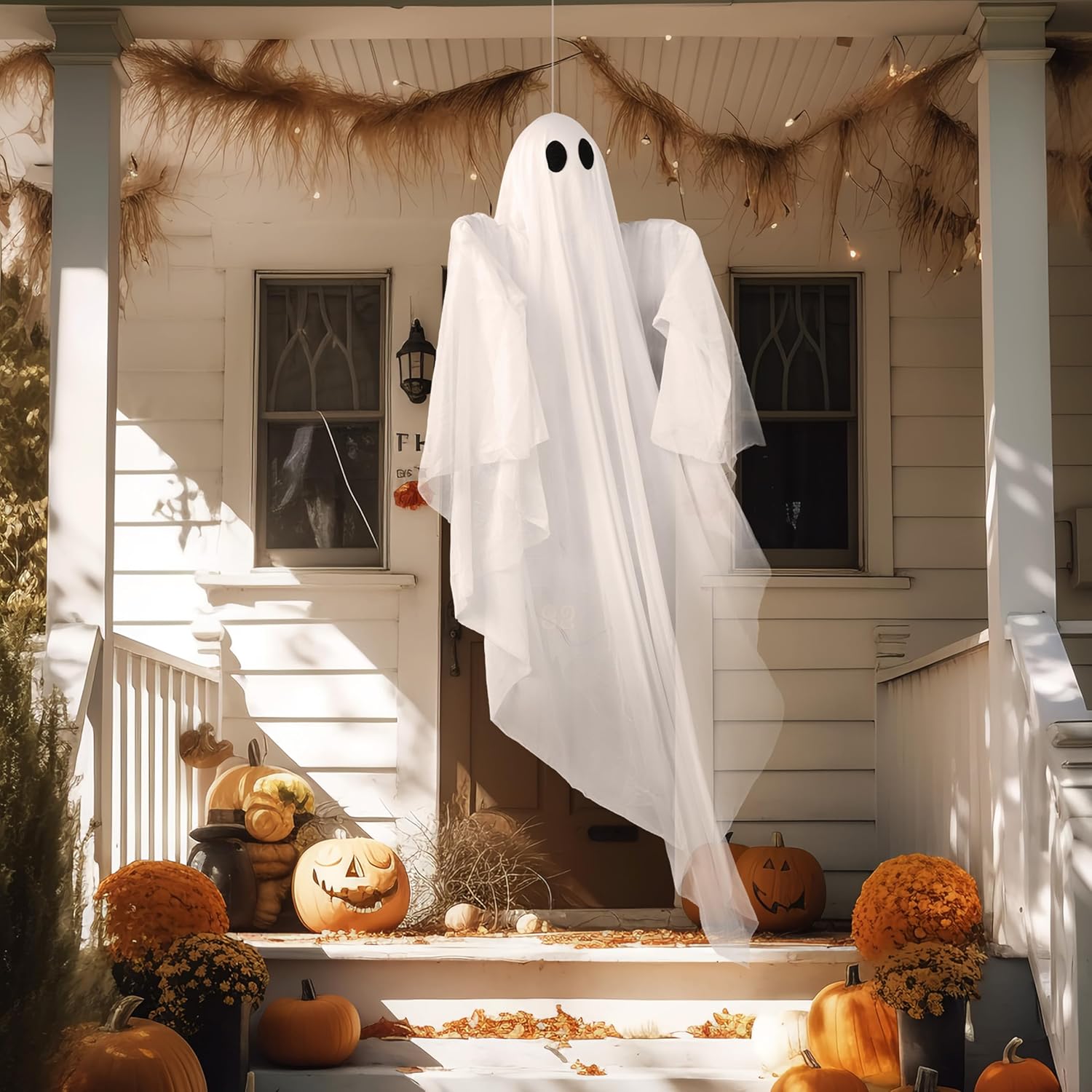 JOYIN Halloween Hanging Light up Ghost with Spooky Blue LED Light, 47” White Ghosts Halloween Hanging Decoration for Front Yard Patio Lawn Garden Party Decor Indoor Outdoor