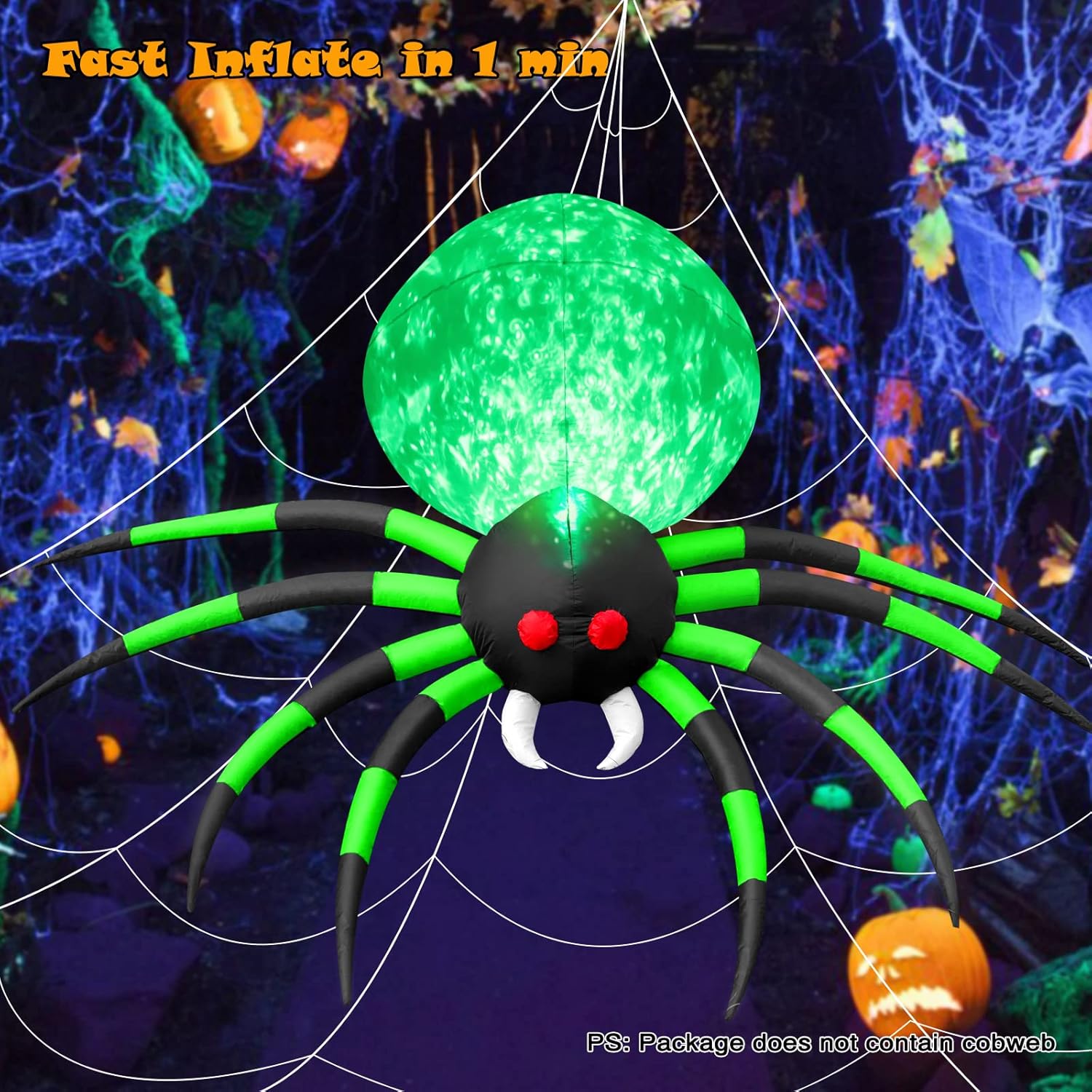 8FT Halloween Inflatables Spider Outdoor Decorations for Yard, Giant Blow up Green Spider with Rotating Fire Flame Light, Large Spooky Spider Props for Halloween Party Garden Lawn House Holiday Decor