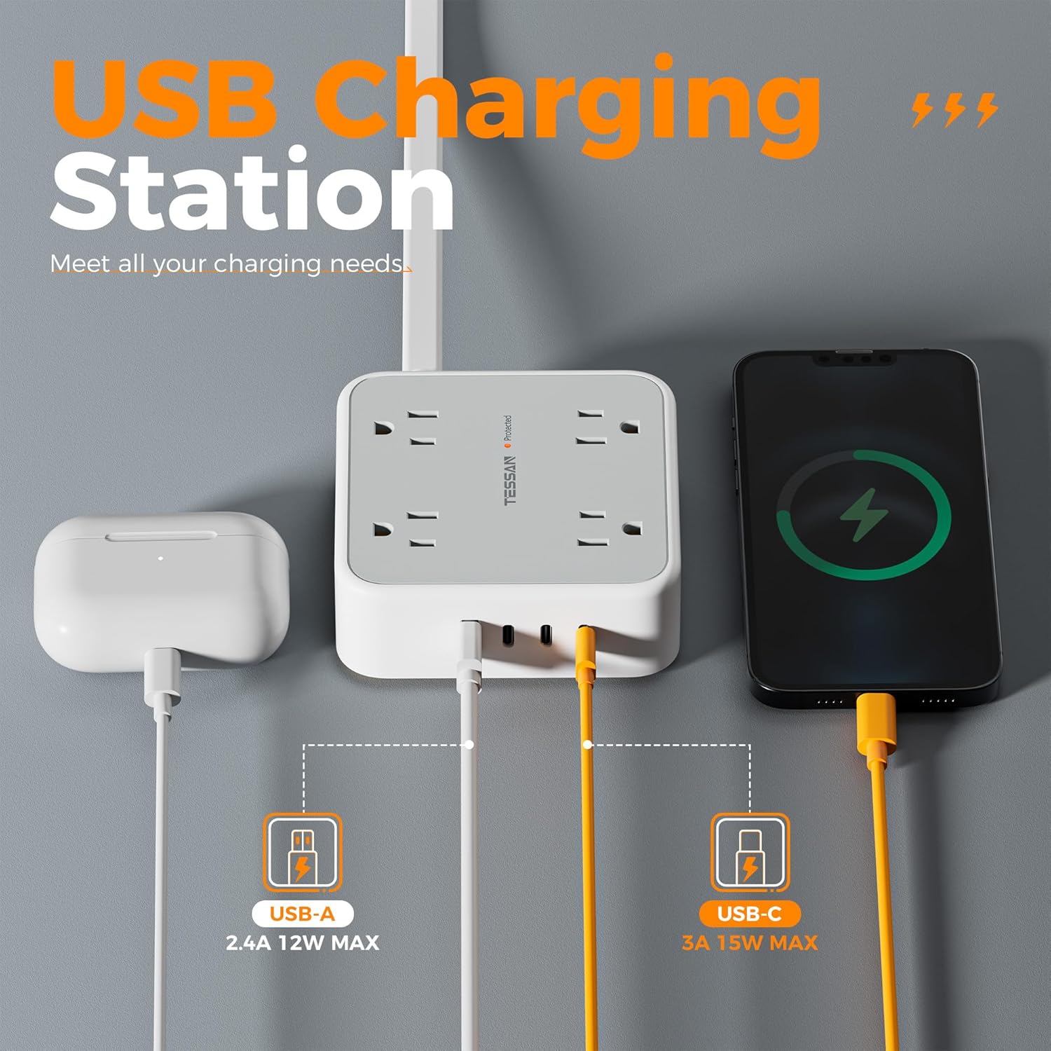 TESSAN Surge Protector Power Strip, 5 Ft Flat Plug Extension Cord with 3 USB (1 USB C) 8 Outlets, 900J Surge Protection, 3 Sided Outlet Extender with Power Switch for Office, Dorm Room Essentials