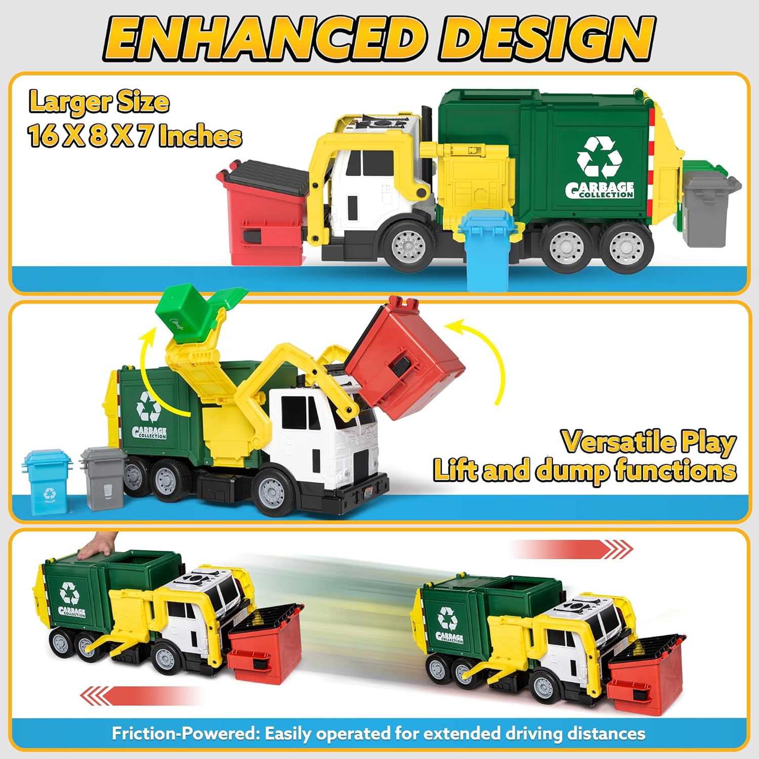 JOYIN Large Friction Powered Garbage Truck Toy Set, Includes Dumpster, Trash Bins, and Learning Cards for Kids, Boy Toys Birthday Gift for Boys Girls Kids Toddler Gift for Christmas
