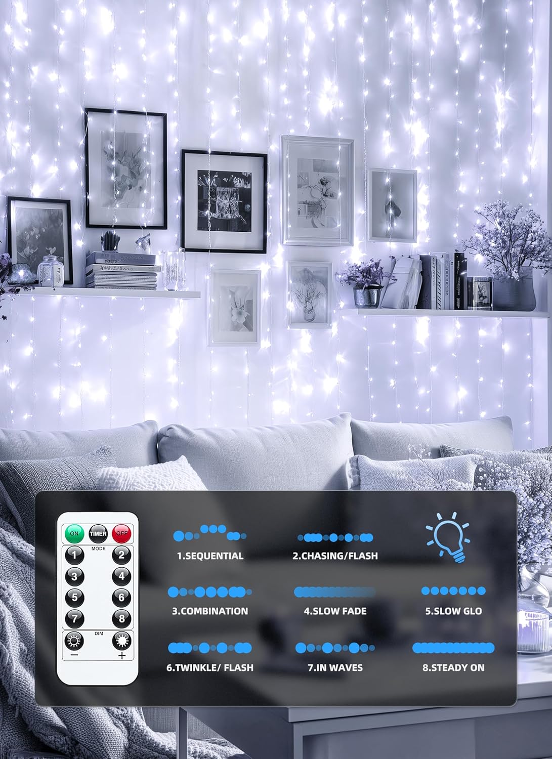 Brightown 300 LED Fairy Curtain Lights, 9.8ft x 9.8ft Warm White Curtain String Lights, USB Plug in 8 Lighting Modes Christmas Decoration, Hanging Lights with Remote for Bedroom Indoor Weddings Dorm