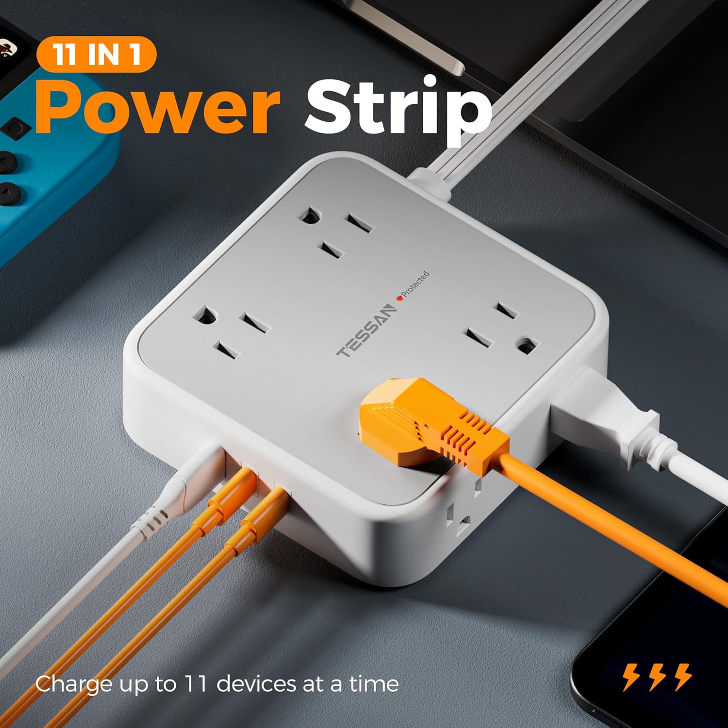 TESSAN Surge Protector Power Strip, 5 Ft Flat Plug Extension Cord with 3 USB (1 USB C) 8 Outlets, 900J Surge Protection, 3 Sided Outlet Extender with Power Switch for Office, Dorm Room Essentials