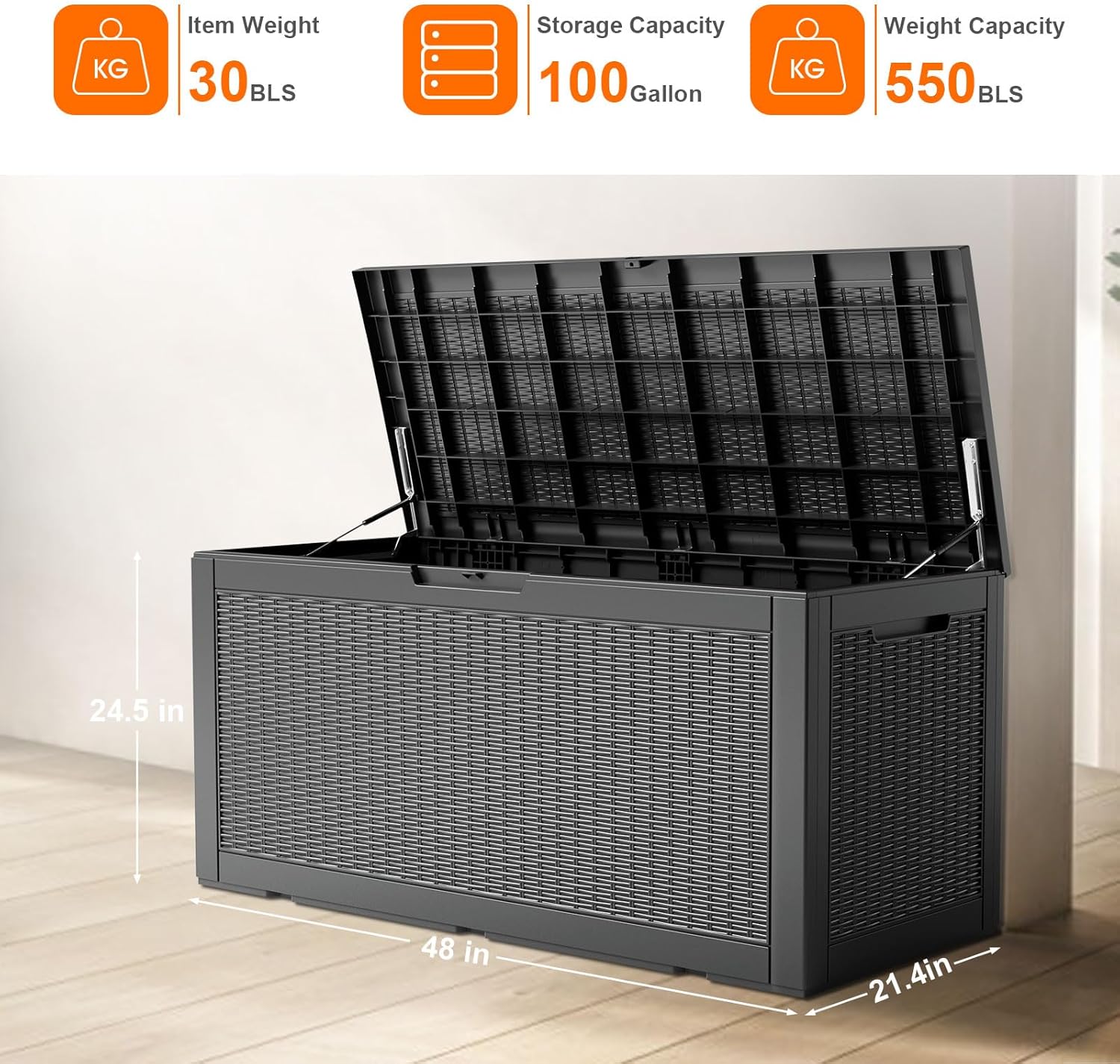 80 Gallon Resin Deck Box, Lockable Patio Outdoor Storage Box for Furniture, Garden Tools and Tools Storage, Waterproof Outside Storage Box - Black