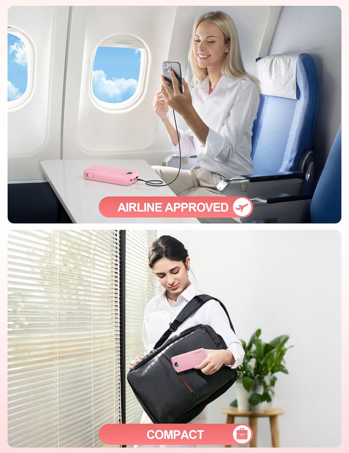 Portable Charger Power Bank, 12000mAh 22.5W USB C Fast Charging with Built-in Cables and Wall Plug, Travel Essential Battery Pack with LED Display for iPhone, iPad, Samsung Pink