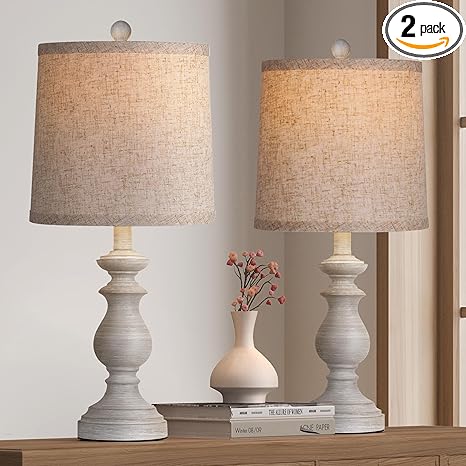 PARTPHONER Traditional Table Lamp Set of 2, Rustic Farmhouse Table Lamps for Living Room Bedroom, 22" Bedside Desk Lamps Vintage Nightstand Lamps with Linen Shades, Antique Grey