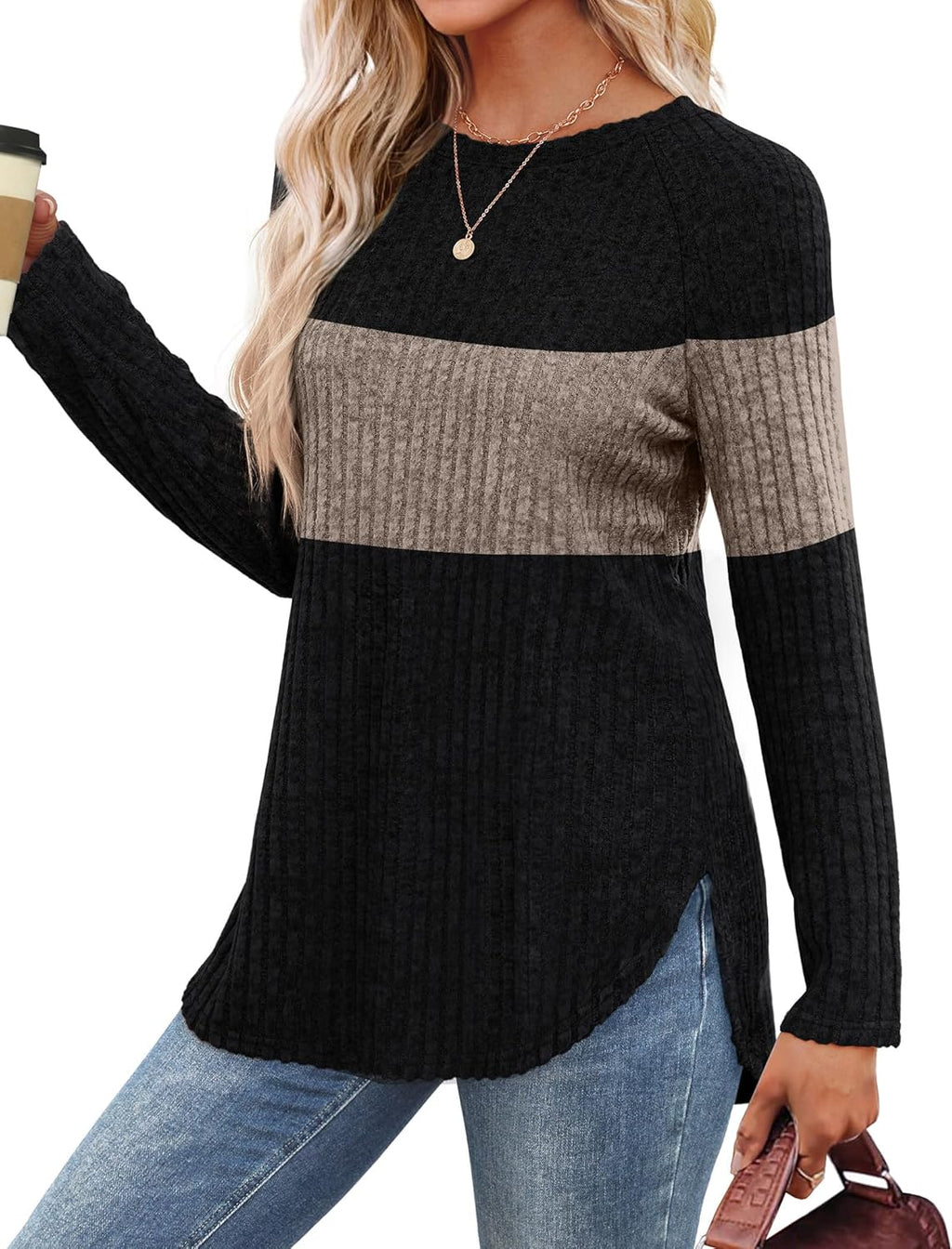 Saloogoe Long Sleeve Shirts for Women 2025 Fall Clothes Tunic Tops Loose Fit Dressy Crewneck Pullover Sweaters Curved Hem