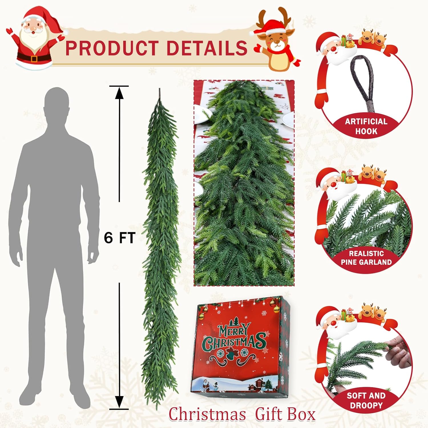 Christmas Cedar Garland for Staircase Real Touch Droopy Bendable Lifelike Faux Xmas Garlands for Decoration Christmas Green Pine Mantle Garland Thanksgiving Table Decorations Outdoor Indoor 5ft