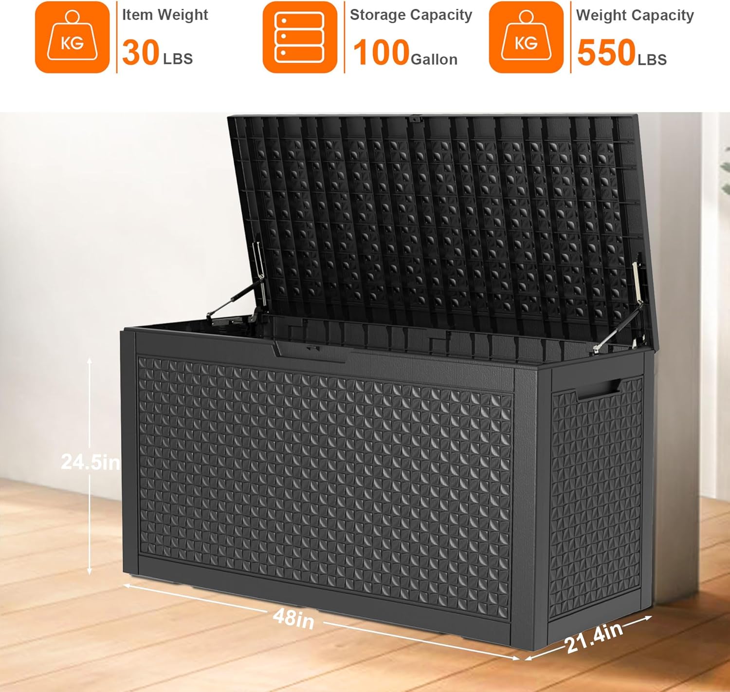 80 Gallon Resin Deck Box, Lockable Patio Outdoor Storage Box for Furniture, Garden Tools and Tools Storage, Waterproof Outside Storage Box - Black