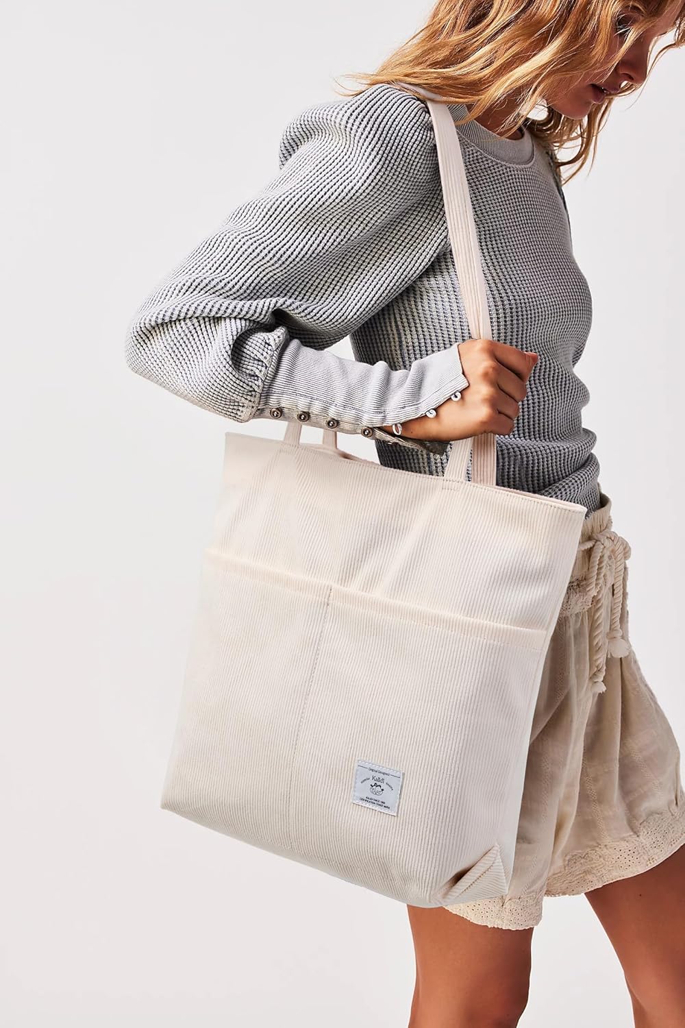 KALIDI Women Corduroy Tote Bag Zipper Casual Tote's Handbag Big Capacity Shoulder Bag with Pockets