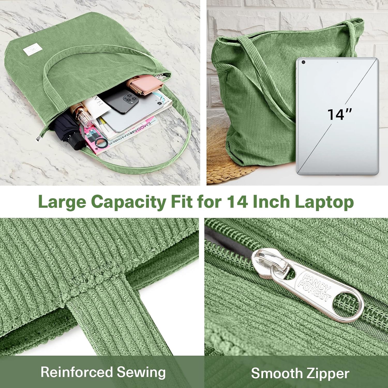 KALIDI Women Corduroy Tote Bag Zipper Casual Tote's Handbag Big Capacity Shoulder Bag with Pockets