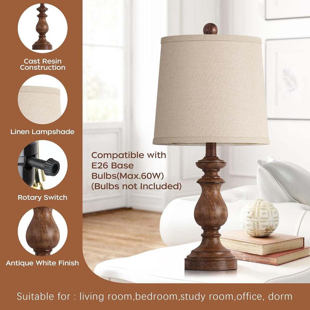 PARTPHONER Traditional Table Lamp Set of 2, Rustic Farmhouse Table Lamps for Living Room Bedroom, 22" Bedside Desk Lamps Vintage Nightstand Lamps with Linen Shades, Antique Grey
