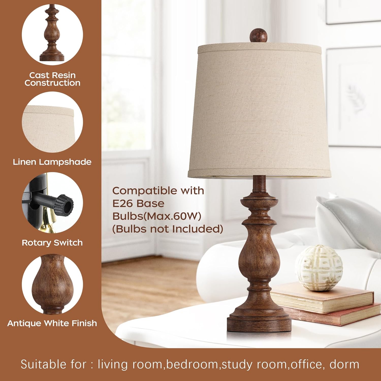 PARTPHONER Traditional Table Lamp Set of 2, Rustic Farmhouse Table Lamps for Living Room Bedroom, 22" Bedside Desk Lamps Vintage Nightstand Lamps with Linen Shades, Antique Grey