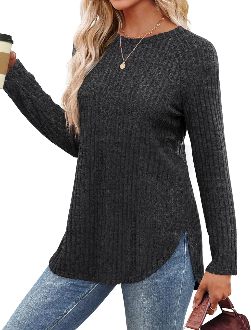 Saloogoe Long Sleeve Shirts for Women 2025 Fall Clothes Tunic Tops Loose Fit Dressy Crewneck Pullover Sweaters Curved Hem