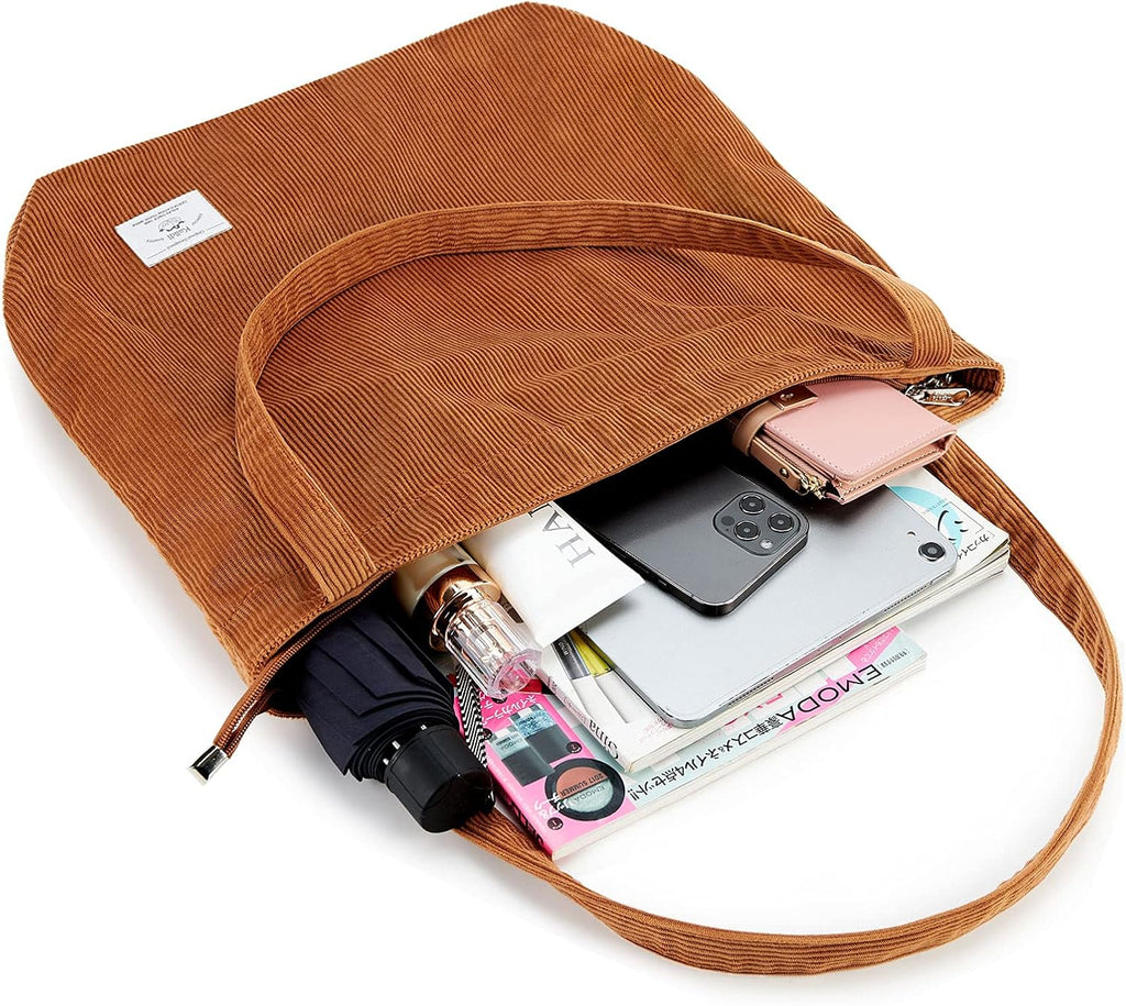 KALIDI Women Corduroy Tote Bag Zipper Casual Tote's Handbag Big Capacity Shoulder Bag with Pockets